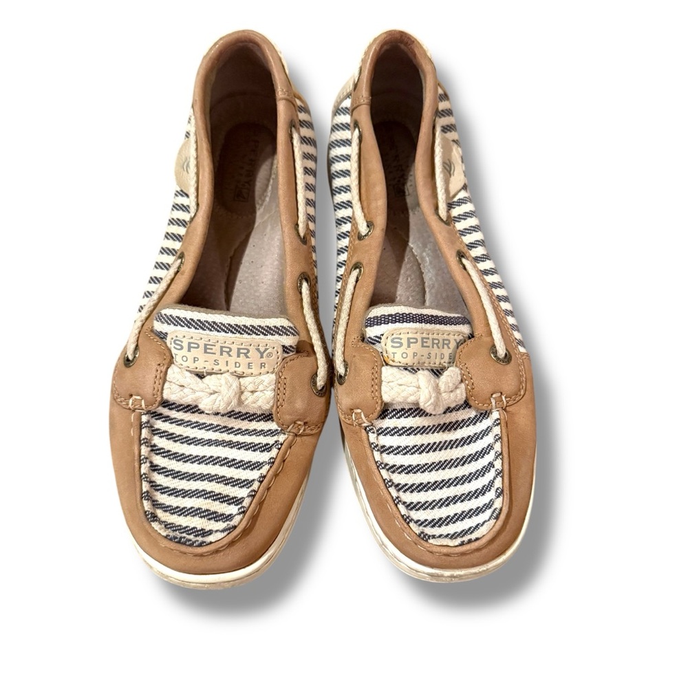 Sperry Angelfish Top Sider Cream & Blue Striped Leather Fabric Boat Shoes Sz 6‎